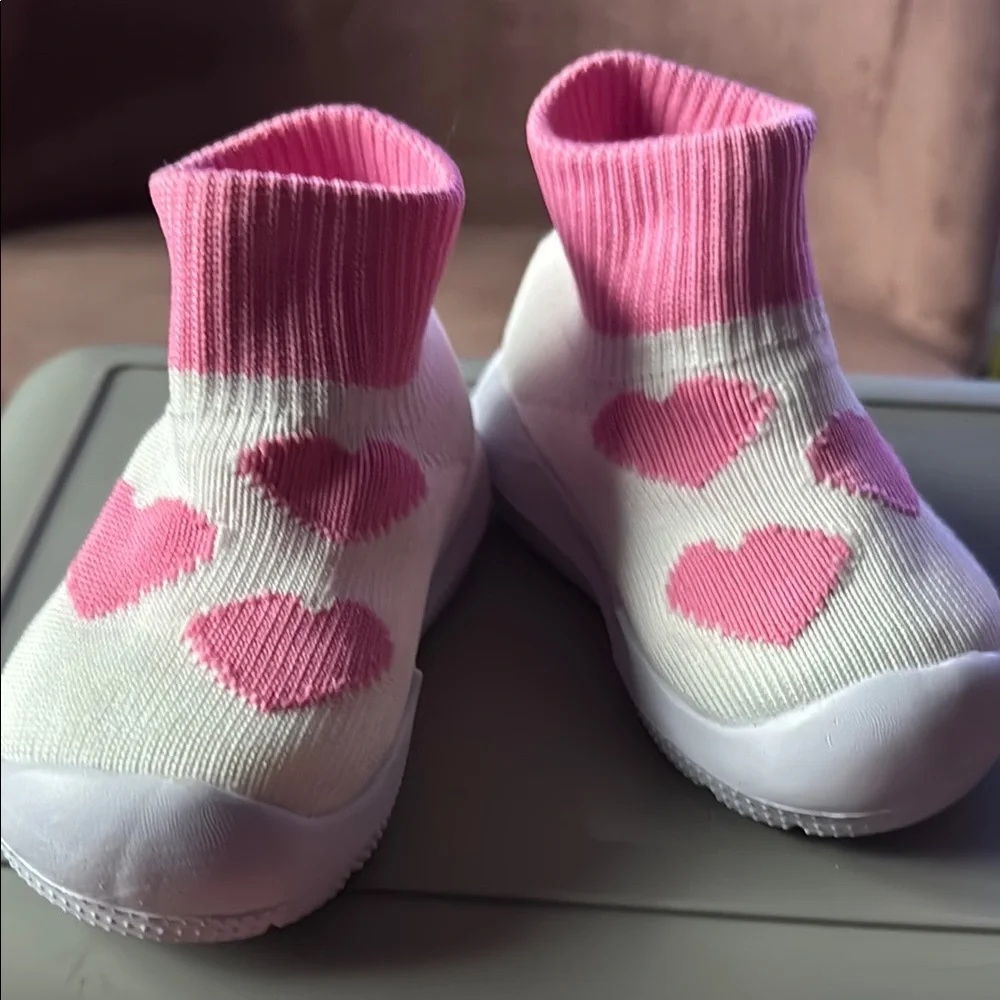 Pink and White Kids Slip-On Shoes with Heart Design